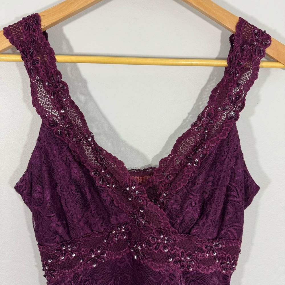 Le Chateau Y2K Lace Beaded Sleeveless Babydoll Top S Plum Purple Scalloped GUC